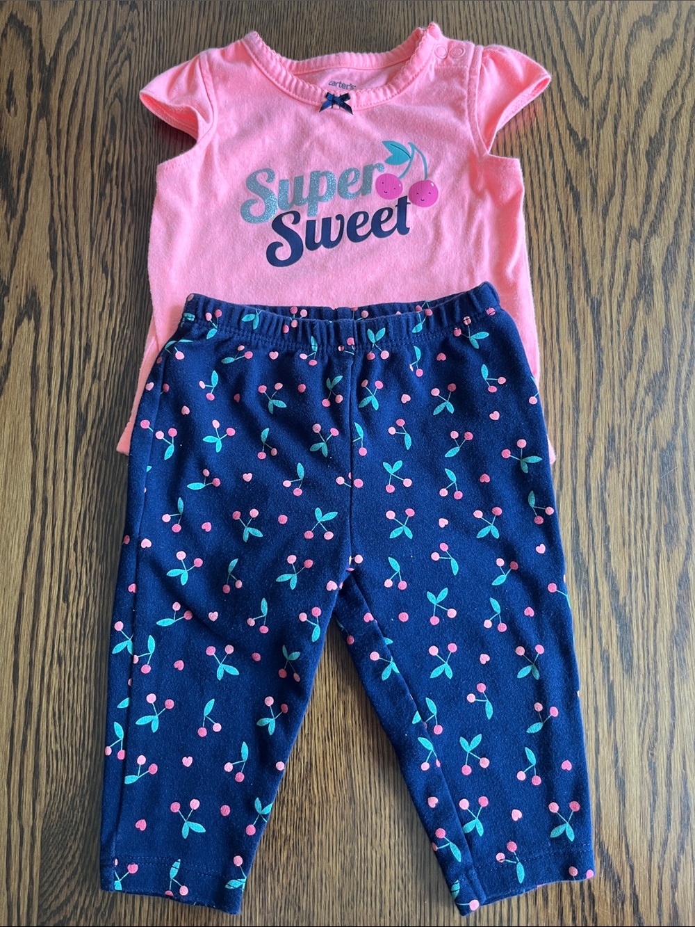 Carter's Pink 'Super Sweet' Top with Navy Cherry-Print Pants